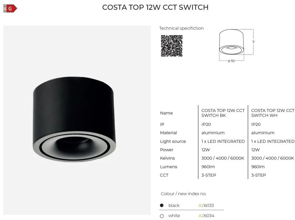 Spot LED aplicat tavan COSTA 12W CCT SWITCH