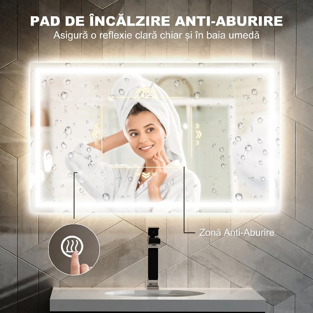 HOMCOM Oglindă de Baie Iluminată cu Lumini LED Reglabile și Strat Anti-Condens, 100x60 cm, Transparent | Aosom Romania