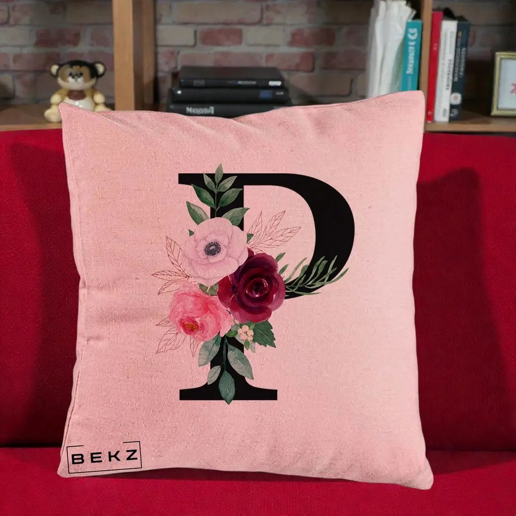 Cadou Personalizat - Perna Personalizata Monograma Florala Litera P, 40x40 cm, Roz, Husa Detasabila, Perna Inclusa, BEKZ®