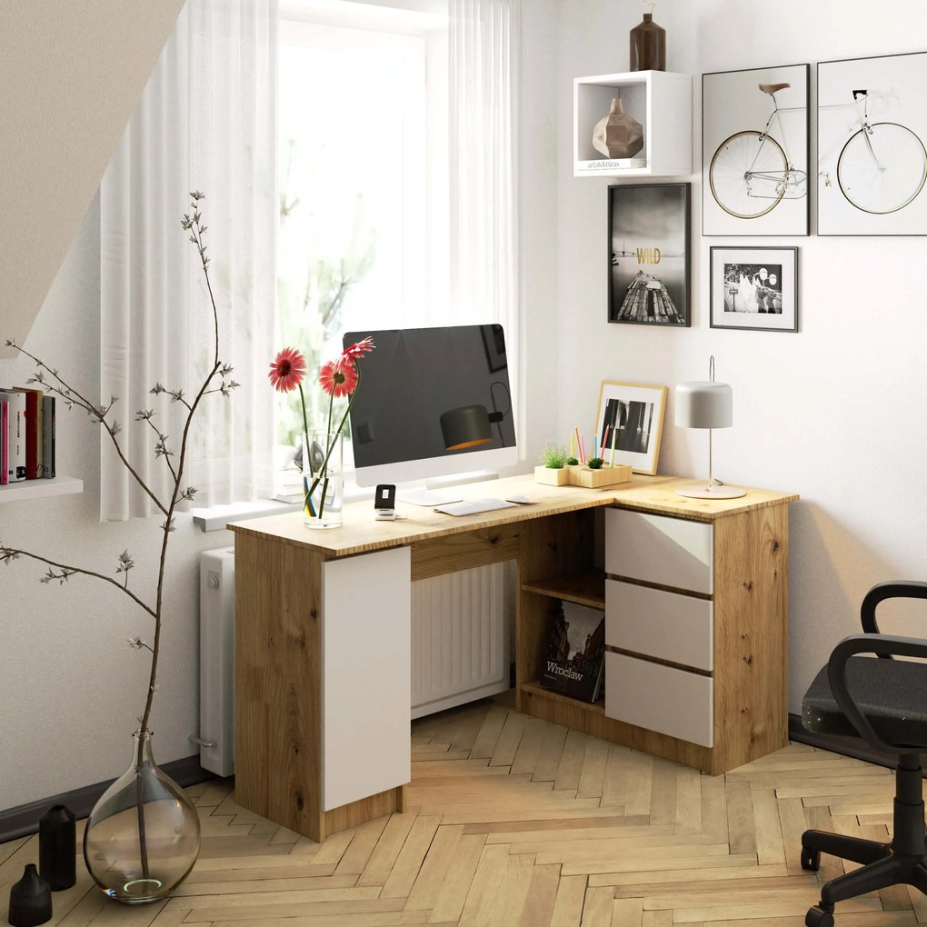 Masă PC de colț Bevin (Stejar artisan + Alb) (D). 1070971