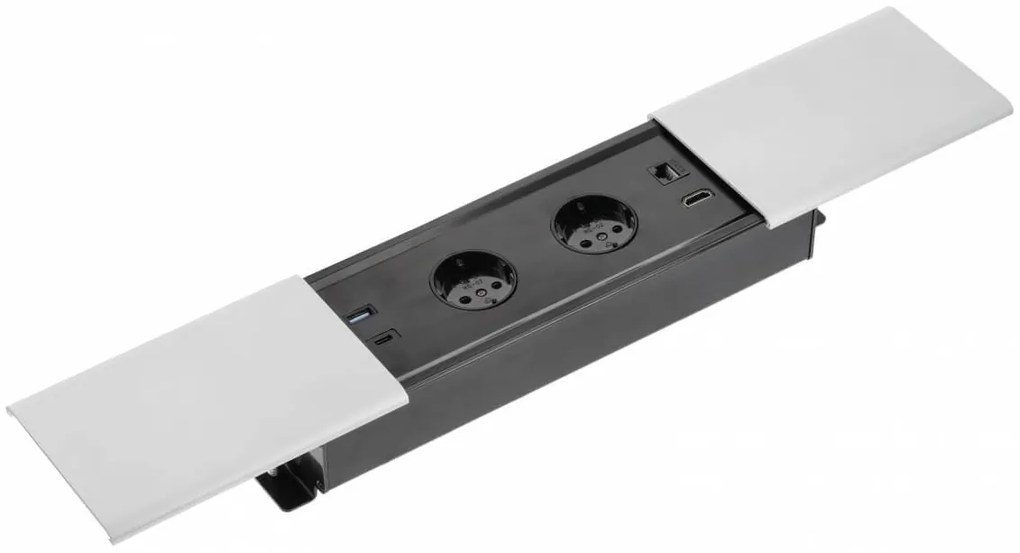 Priza incorporabila dreptunghiulara, 2 prize schuko, USB A+C, priza RJ45 cat 6, HDMI, cablu 1.5 m, capac magnetic, argintiu, GTV