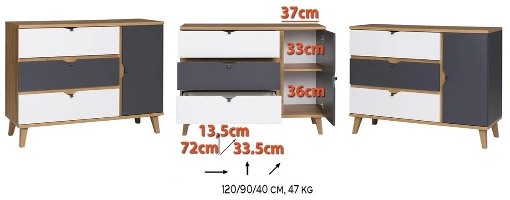 Comodă Mimone K1D3SZ (Stejar auriu + Alb mat + grafit). 1051784