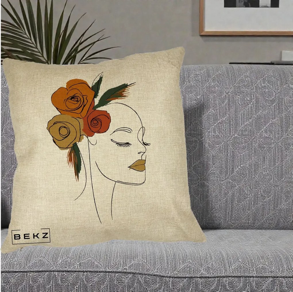 Perna Decorativa Portret Feminin Trandafiri Ruginii, 40x40 cm, Crem, Husa Detasabila, Perna Inclusa, BEKZ®