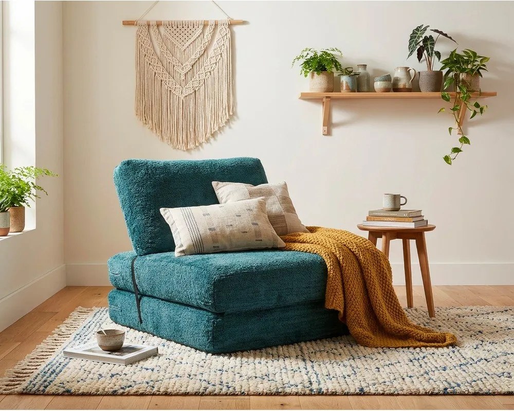 Fotoliu albastru-verde extensibil cu tapițerie din țesătură bouclé Faster – Mauro Ferretti