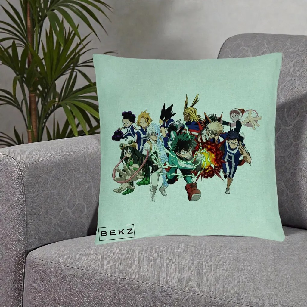 Perna Personalizata My Hero Academia Clasa 1-A Complet, 40x40 cm, Verde Menta, Husa Detasabila, Perna Inclusa, BEKZ®