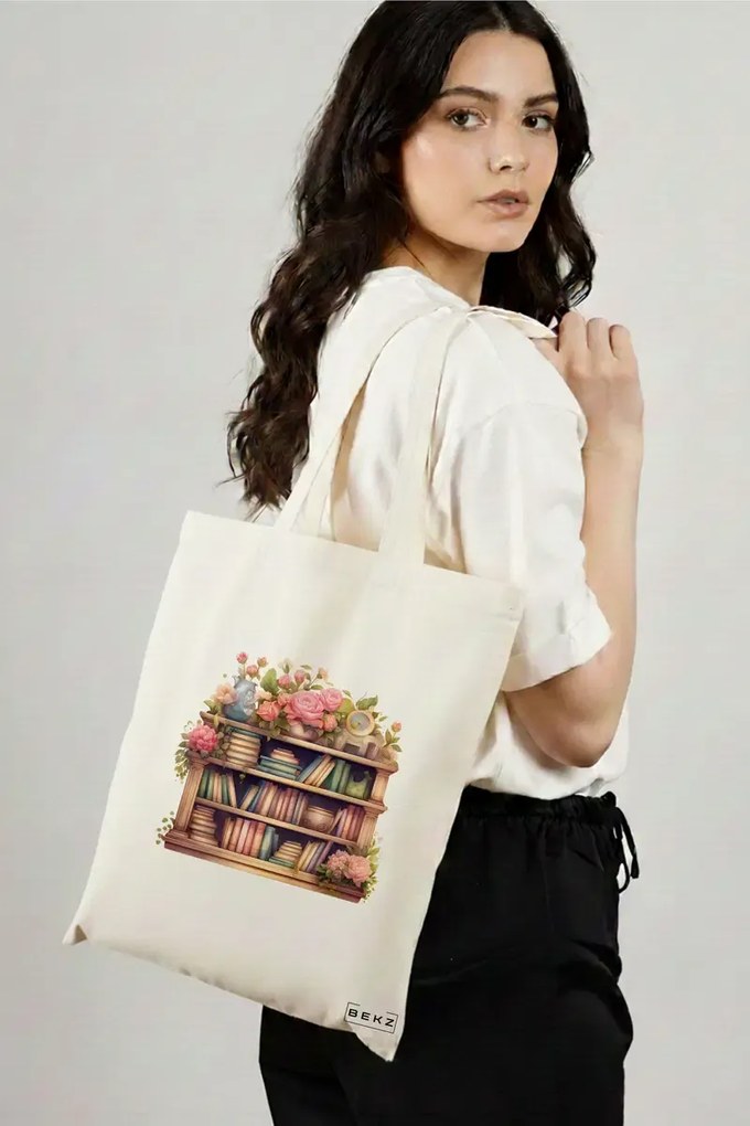 Sacosa de Panza pentru Cumparaturi, Geanta Tote, model Books 40 38 x 34.5 cm, Alba, BEKZ®
