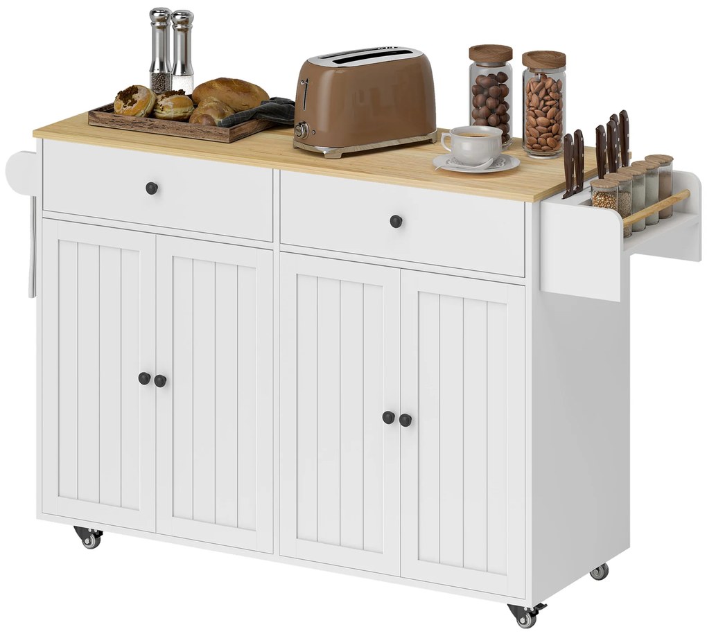HOMCOM Insulă de bucătărie pe roți, 2 sertare, 2 dulapuri, mobilă, raft pentru condimente, suport prosop, suport pentru cuțite, MDF, Alb | Aosom Romania