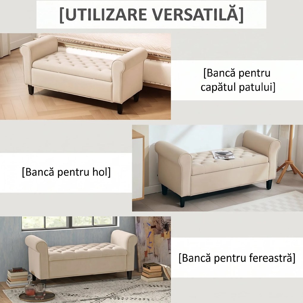 HOMCOM Bancă de Depozitare din Țesătură tip Catifea cu Spațiu Ascuns, Bej | Aosom Romania