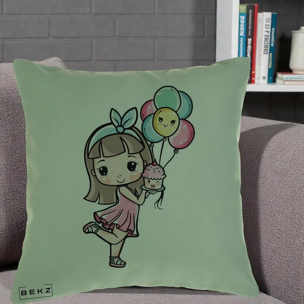 Perna Decorativa Fetita Kawaii cu Baloane si Cupcake, 40x40 cm, Verde, Husa Detasabila, Perna Inclusa, BEKZ®