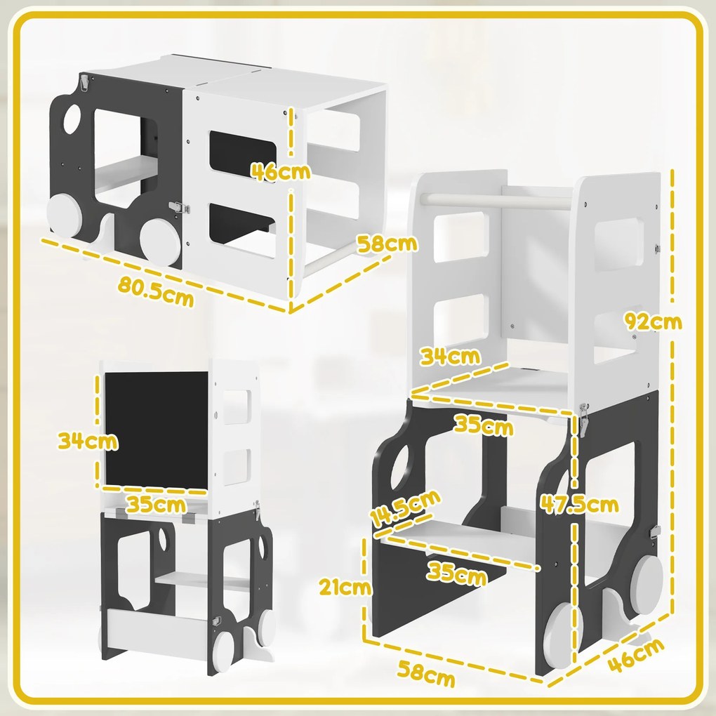 AIYAPLAY Scara Montessori 4 în 1 pentru Copii cu 2 Table și Set Masă și Scaun, din Lemn, 58x46x92 cm, Alb | Aosom Romania