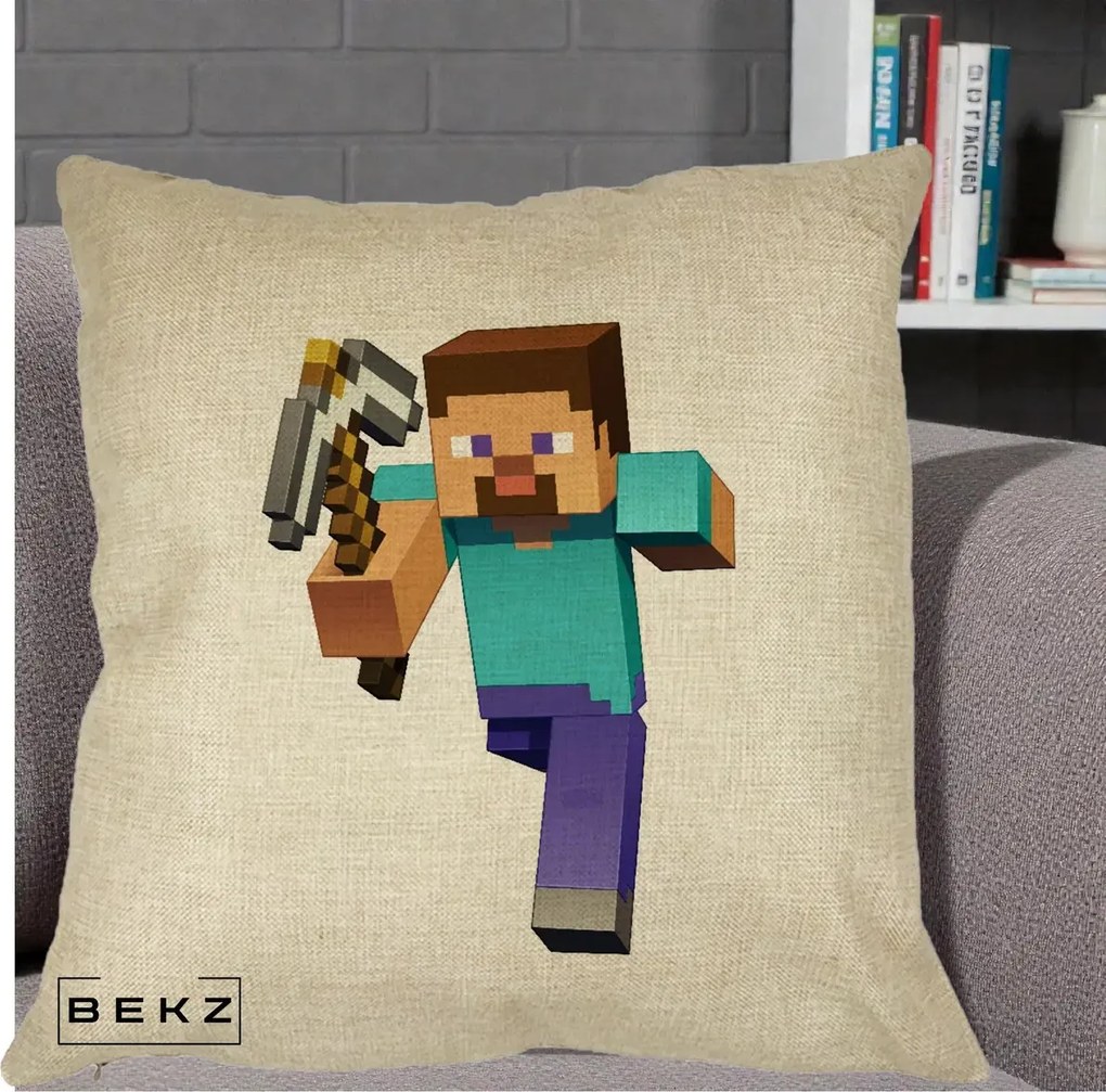 Perna Personalizata Minecraft Steve, 40x40 cm, Crem, Husa Detasabila, Perna Inclusa, BEKZ®