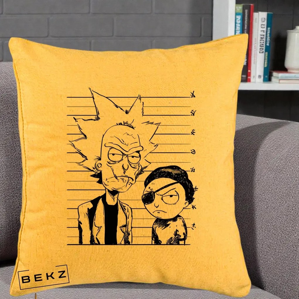 Perna Personalizata Rick si Morty Dosar, 40x40 cm, Galben, Husa Detasabila, Perna Inclusa, BEKZ®