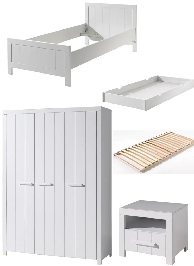 Set Mobilier Cameră Copii ERIK, pat 90x200 cm, dulap cu 3 uși, noptieră și sertar, alb – Vipack