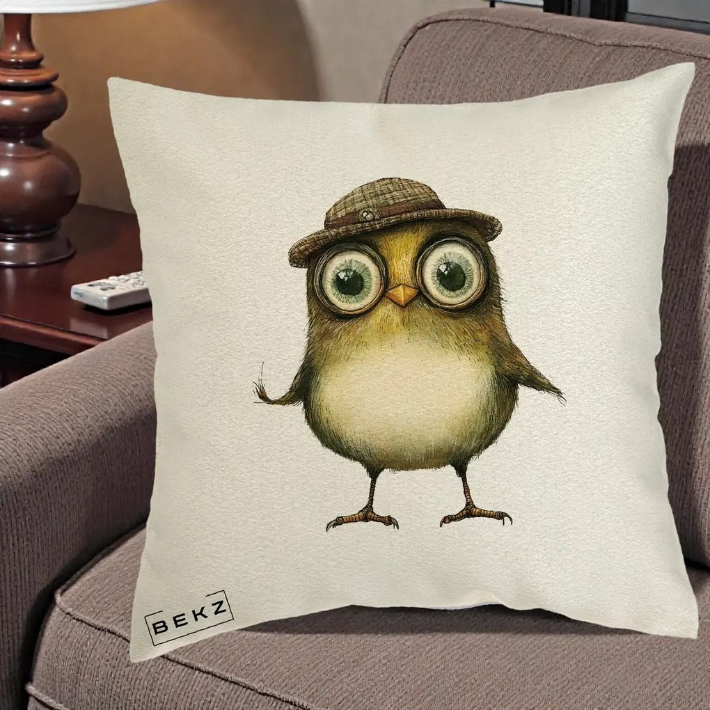 Perna Decorativa Pui Intelectual cu Palarie Tweed, 40x40 cm, Ecru, Husa Detasabila, Perna Inclusa, BEKZ®