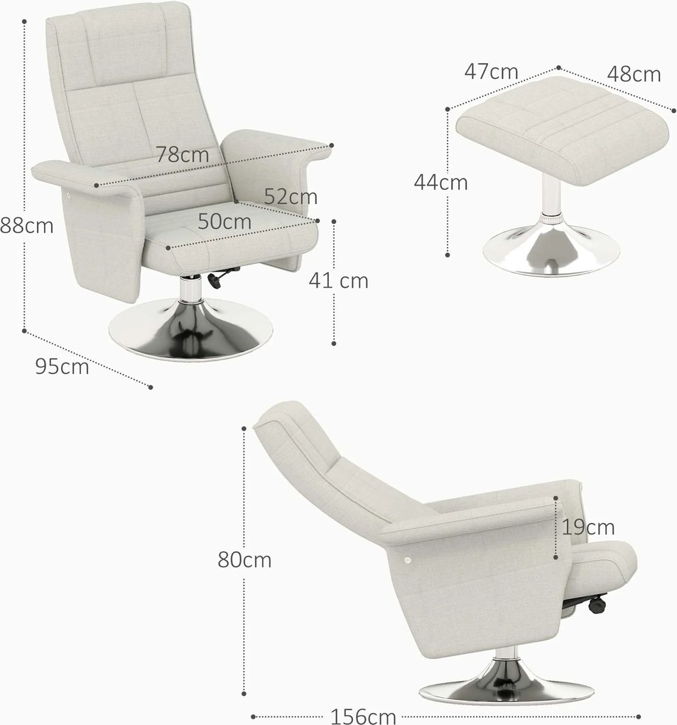 HOMCOM Fotoliu relaxant cu masaj și pouf, fotoliu TV cu spătar reglabil și șezut pivotant la 360° 78 x 95 x 88 cm crem | Aosom Romania