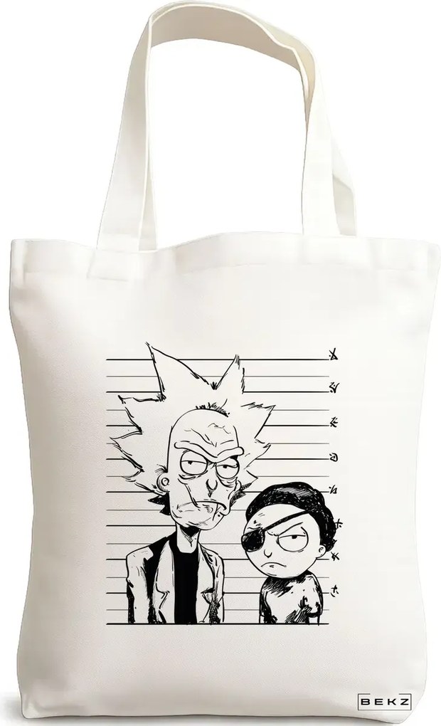 Sacosa de Panza pentru Cumparaturi, Geanta Tote, model Rick and Morty, 38x34.5 cm, Alba, BEKZ®