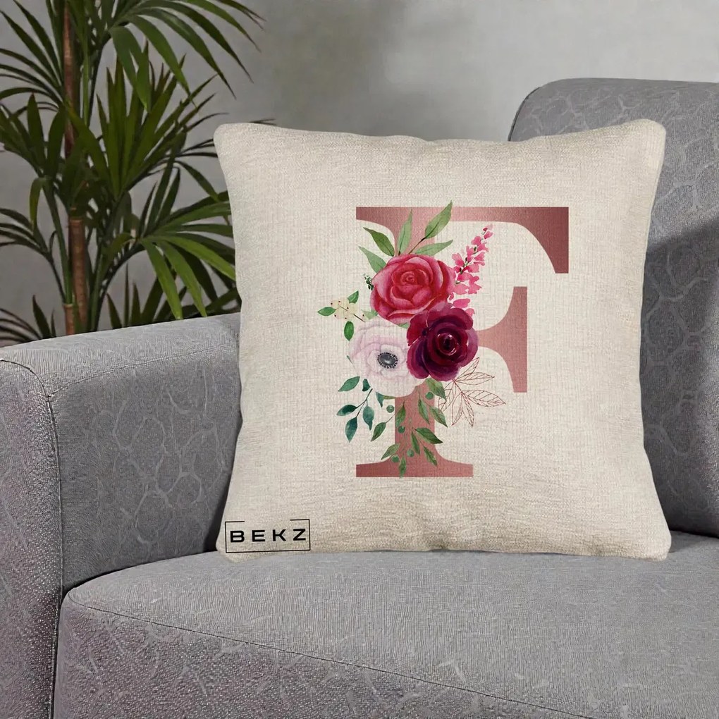 Cadou Personalizat - Perna Personalizata Monograma Rose Gold Litera F, 40x40 cm, Bej Canapea, Husa Detasabila, Perna Inclusa, BEKZ®
