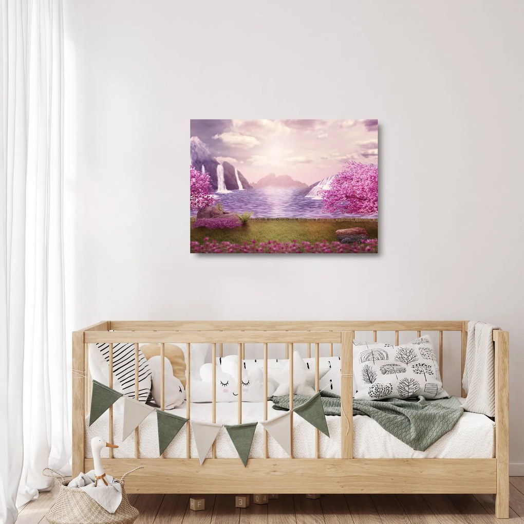 Tablou pe sticlă cu pomi roz cu lac (70x50 cm)