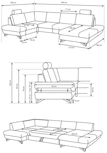 Canapea colțar extensibilă AVESTA, tapițată, în formă de U, gri, cu spațiu de depozitare
