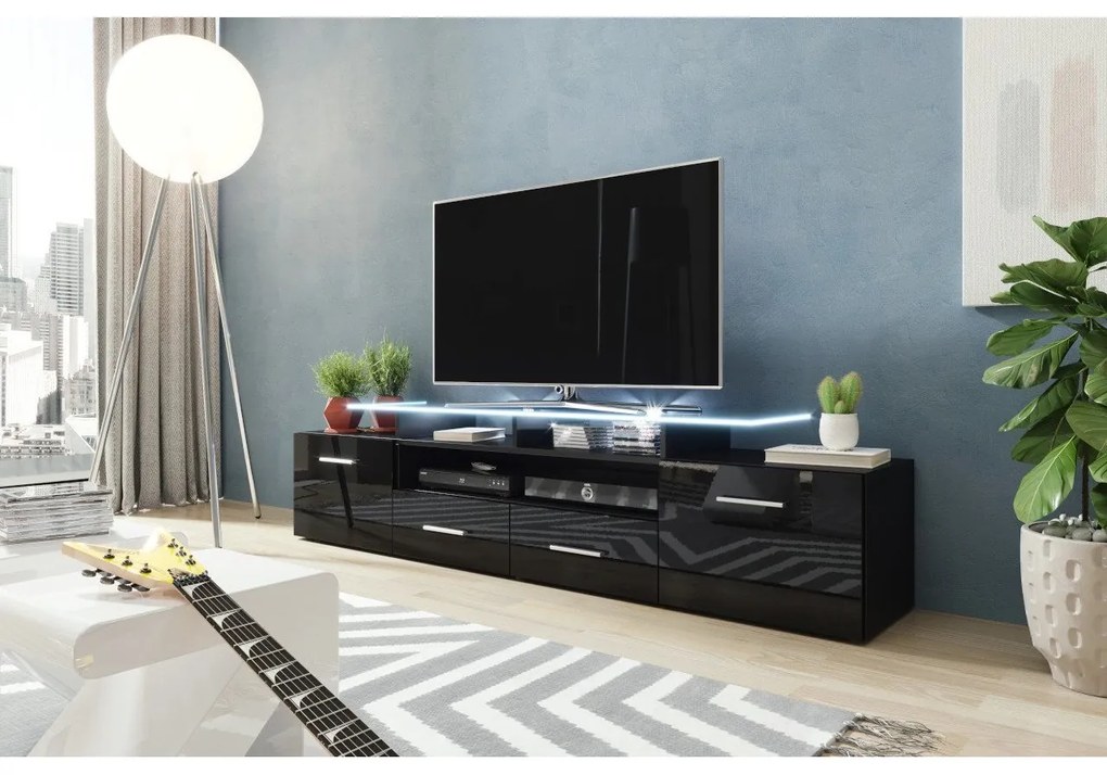 Masă TV + Dulap Blaise (Negru + Negru lucios ) (iluminat LED Alb). Promo -16%. 1058803