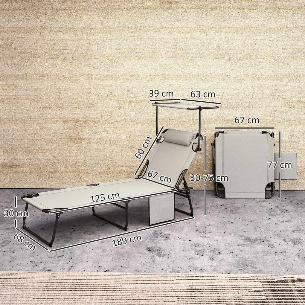 Outsunny Șezlong pliabil cu copertină și saltea, șezlong cu spătar reglabil în 4 poziții, gri deschis | Aosom Romania