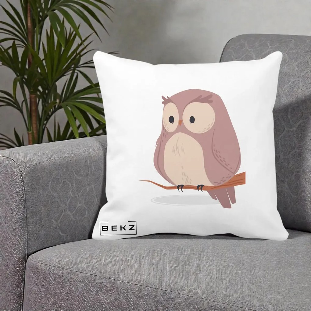 Perna Decorativa Bufnita Kawaii pe Creanga, 40x40 cm, Alba Mata, Husa Detasabila, Perna Inclusa, BEKZ®