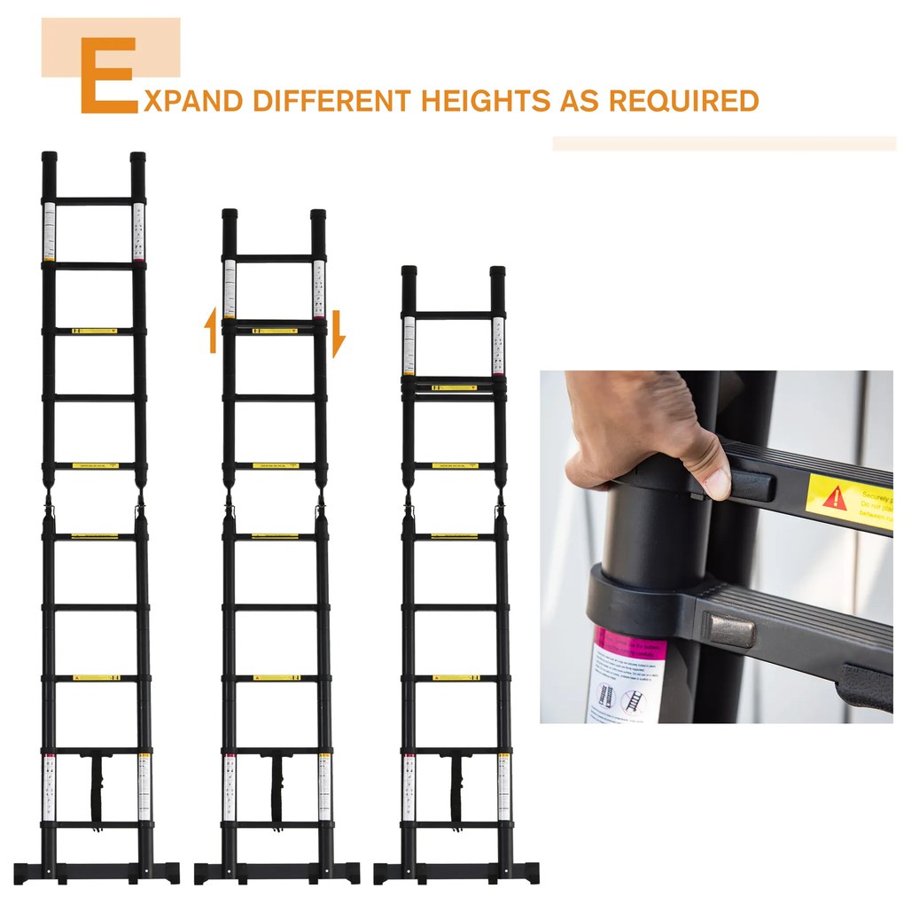 DURHAND Scară Telescopică Pliabilă cu 10 Trepte, Scară Extensibilă din Aluminiu și Metal, 320x67x7 cm, Neagră | Aosom Romania