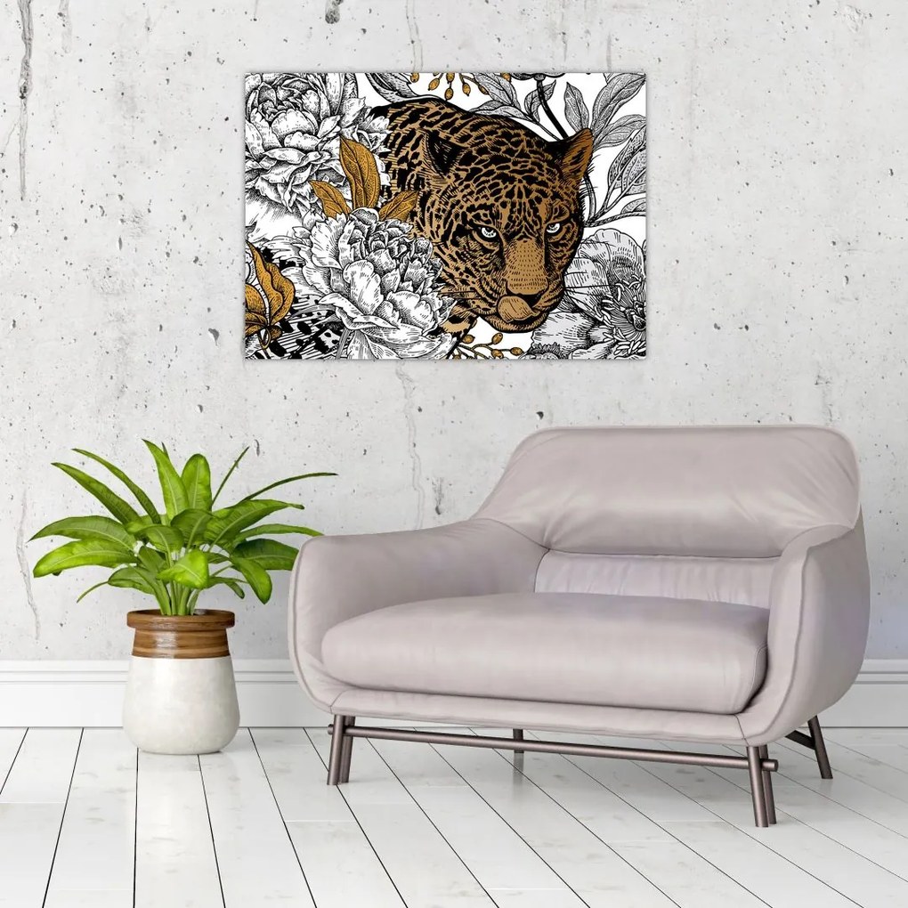 Tablou pe sticlă - Leopard între flori (70x50 cm)