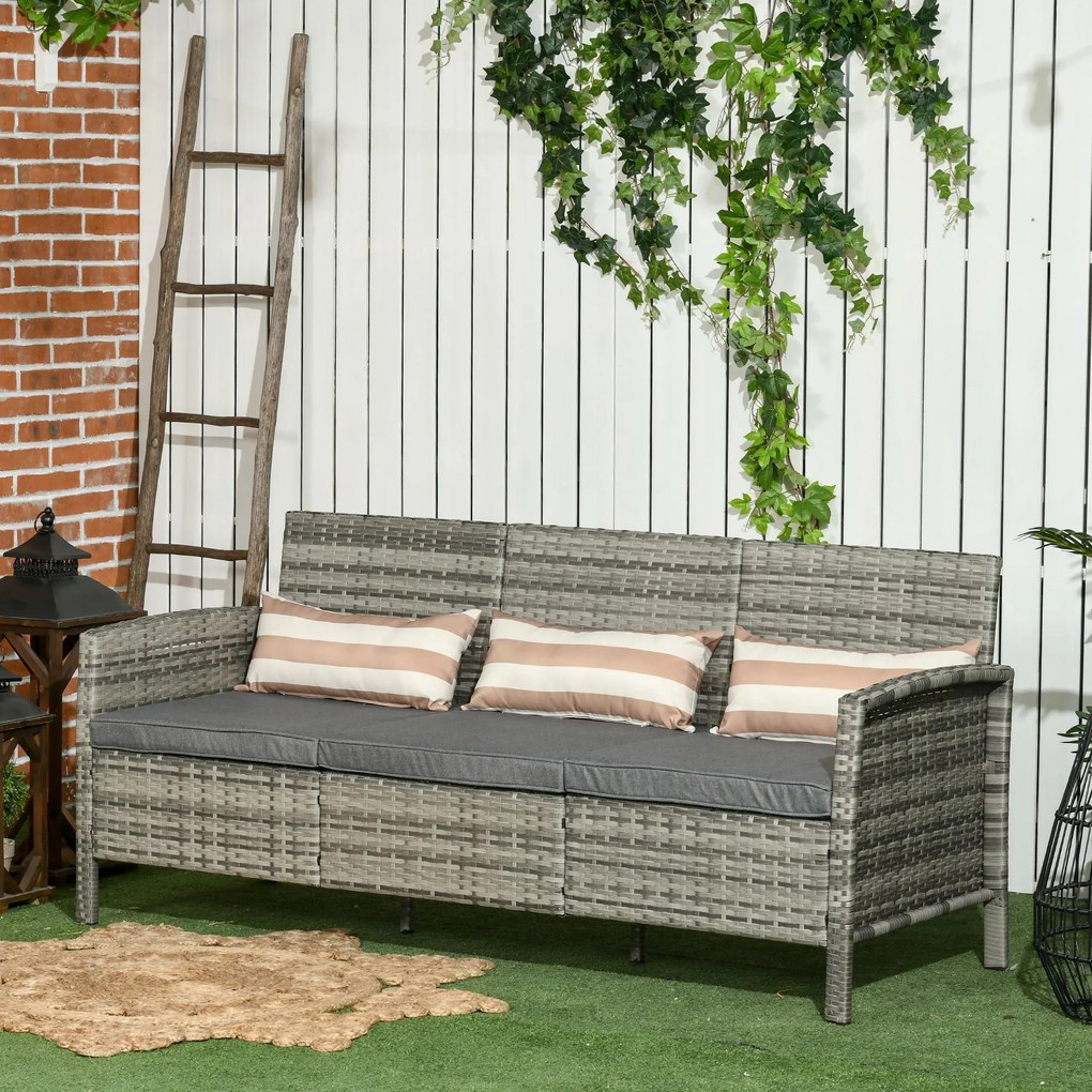 Outsunny Canapea pentru Exterior Gradina sau Terasa cu 3 locuri dim Ratan cu perne si dungi, Gri 173x68x78cm