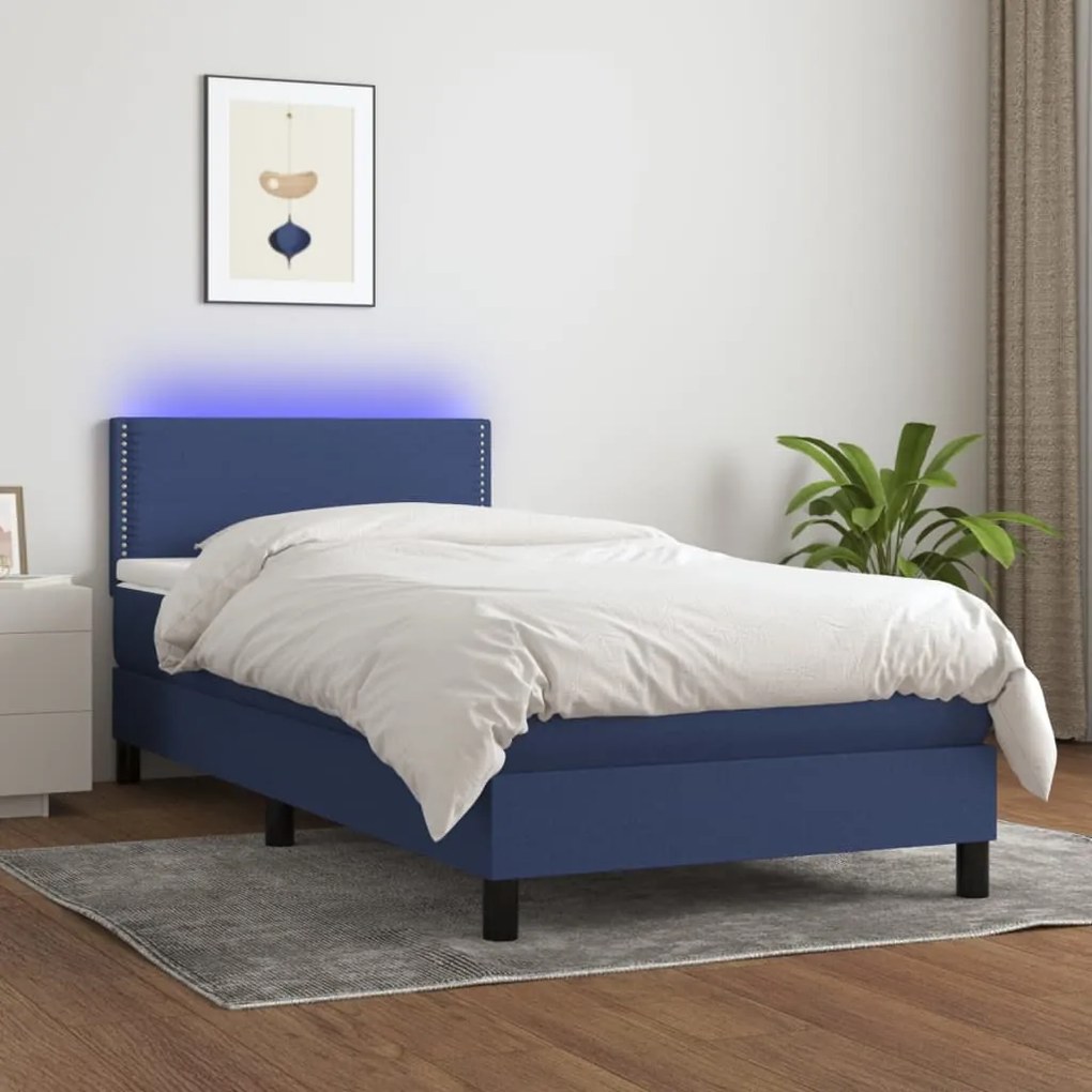 3133035 vidaXL Pat cu arcuri, saltea și LED, albastru, 80x200 cm, textil