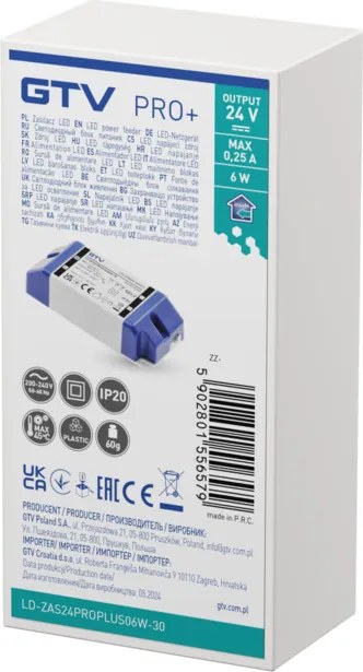 Transformator Pro+ GTV pentru bandă LED, 6W, 24V, IP20 6 W, 24 V, Plastic