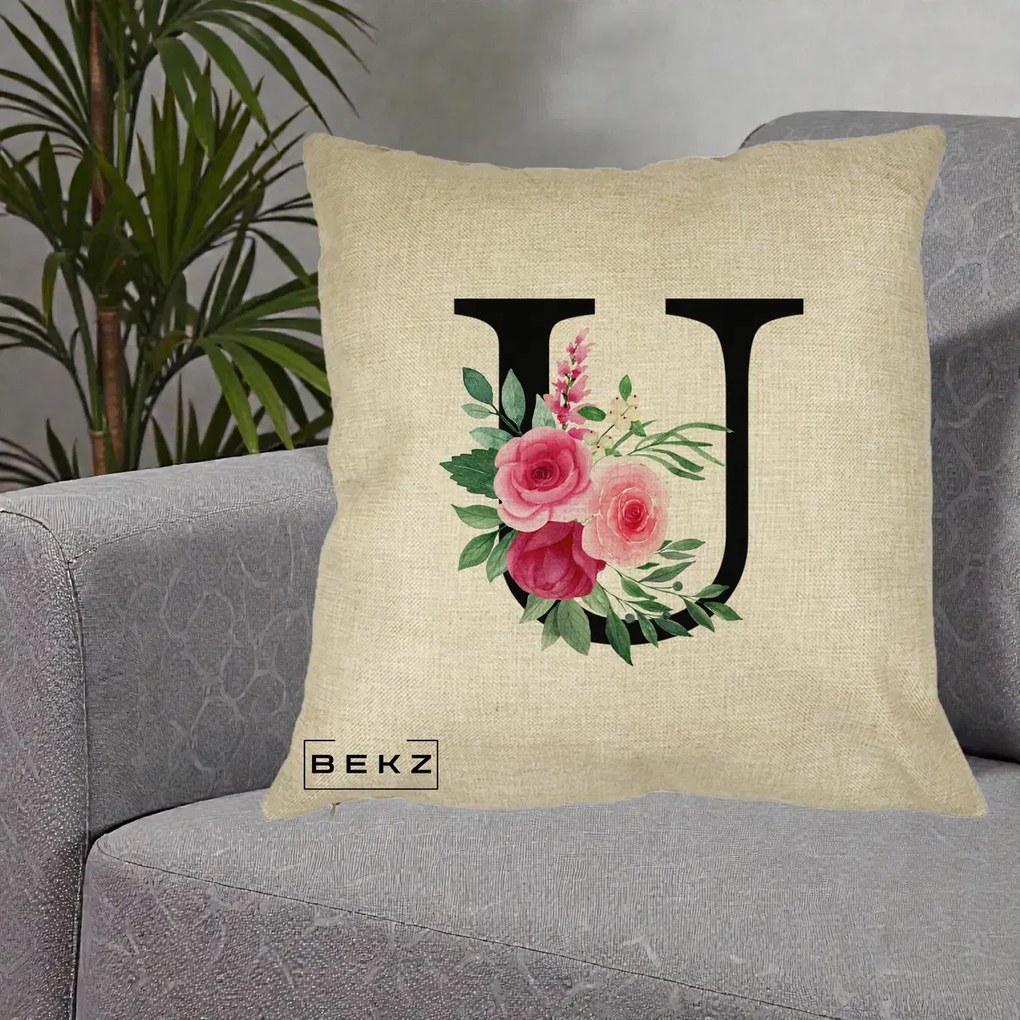 Cadou Personalizat - Perna Personalizata Monograma Florala Litera U, 40x40 cm, Crem, Husa Detasabila, Perna Inclusa, BEKZ®