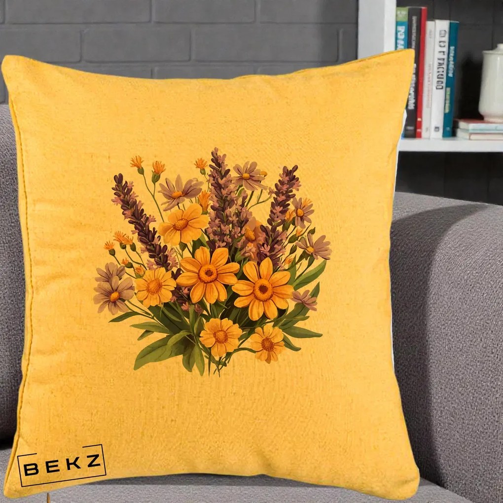 Perna Decorativa Lavanda cu Margarete Galbene si Lila, 40x40 cm, Galben, Husa Detasabila, Perna Inclusa, BEKZ®