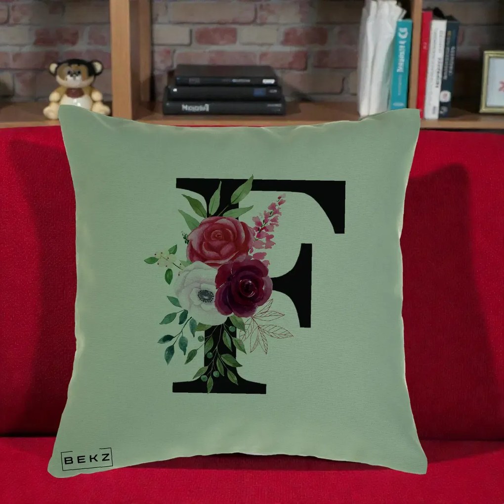Cadou Personalizat - Perna Personalizata Monograma Florala Litera F, 40x40 cm, Verde, Husa Detasabila, Perna Inclusa, BEKZ®