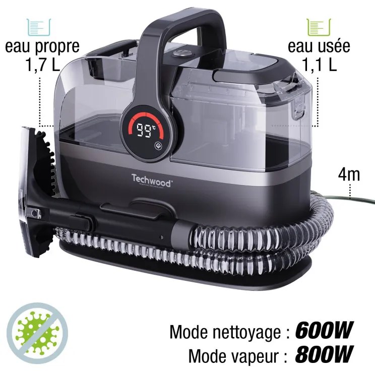 Aparat multifunctional cu aburi si aspirator Techwood TAN-7066V, 600/800W, Rezervor de apa curata si reziduala, 3 moduri, Afisaj digital, Gri Inchis