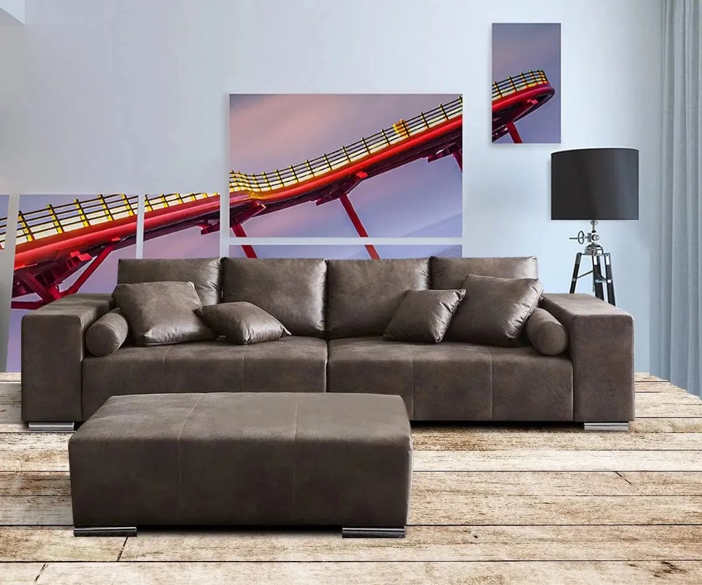 Canapea extensibilă dumonde cu ladă de depozitare si sezut confortabil din spuma high-density, Marbela Tobago Brown XXL 295x100 cm cu taburet inclus