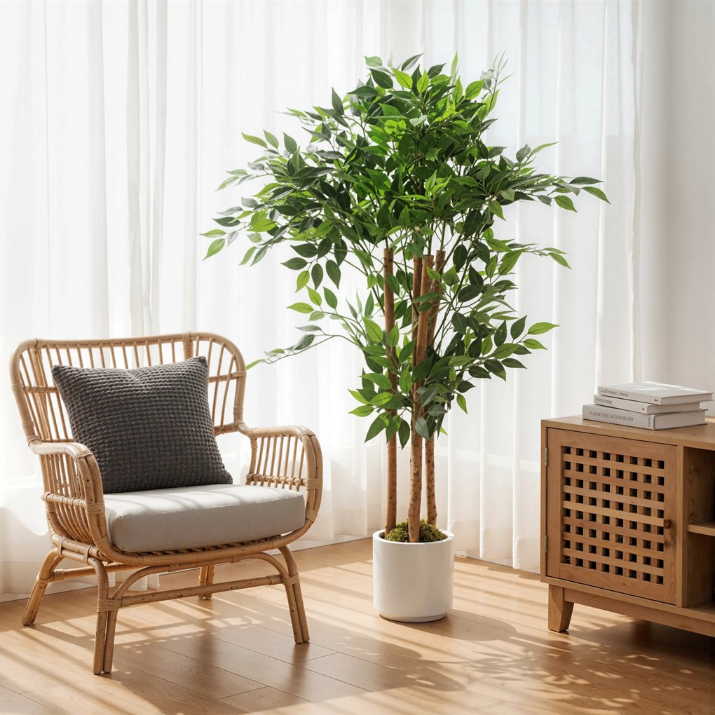 HOMCOM Plantă Artificială Banian 120 cm, cu Trunchi din Lemn Masiv și Ghiveci pentru Interior, Verde | Aosom Romania