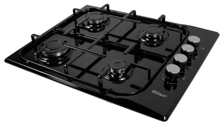 Plită încorporată Zilan ZLN 0034, 4 arzătoare cu gaz, 7.35 kW, Gaz natural sau propan-butan, 60x50 cm, Grătar din fontă, Protecție împotriva scurgerilor de gaz, Negru