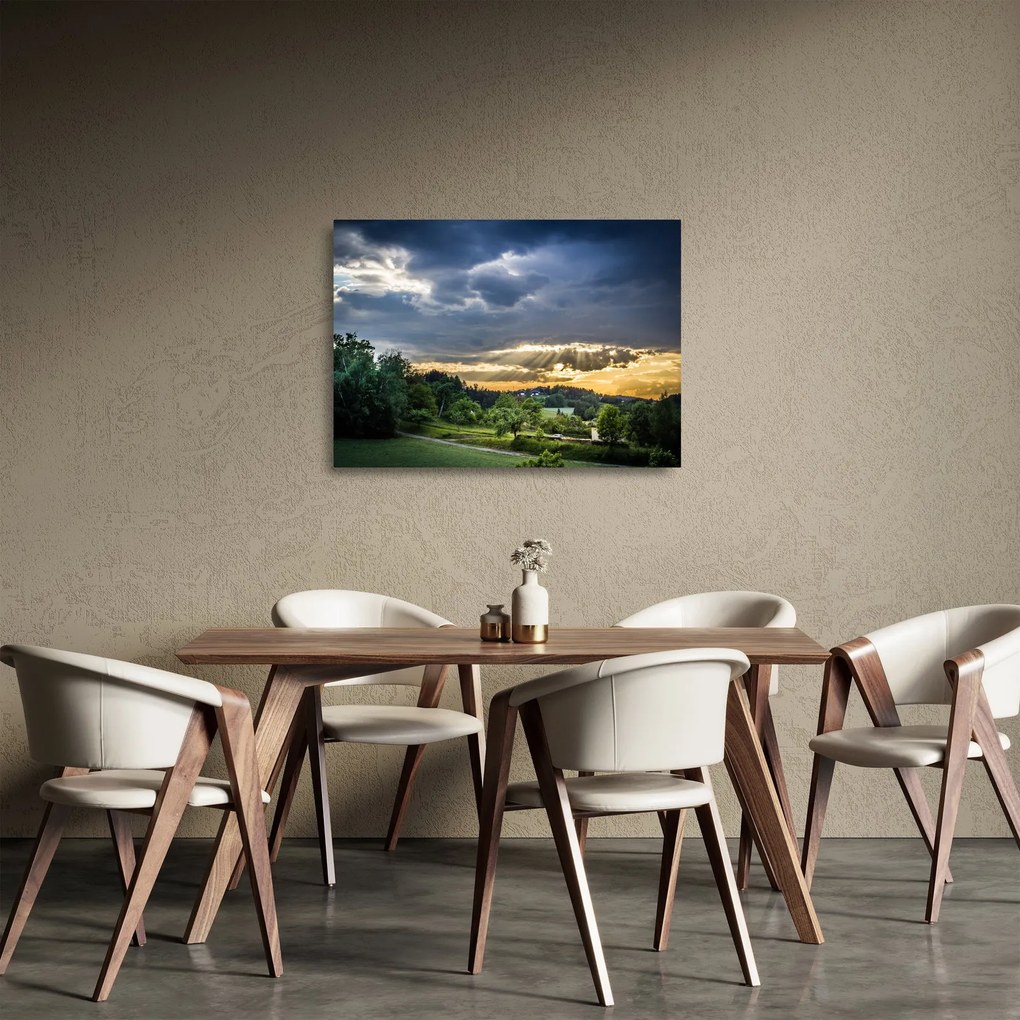 Tablou pe sticlă cu peisaj și raze de soare (70x50 cm)