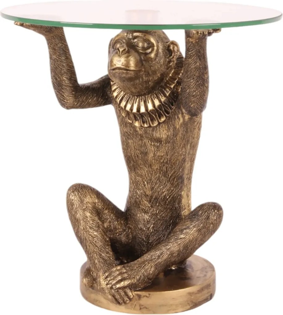 Măsuță decorativă sculptată rotundă, auriu, cu bază în formă de maimuță și blat din sticlă, finisaj antichizat, 26,5 x 25 cm, „Singerie”