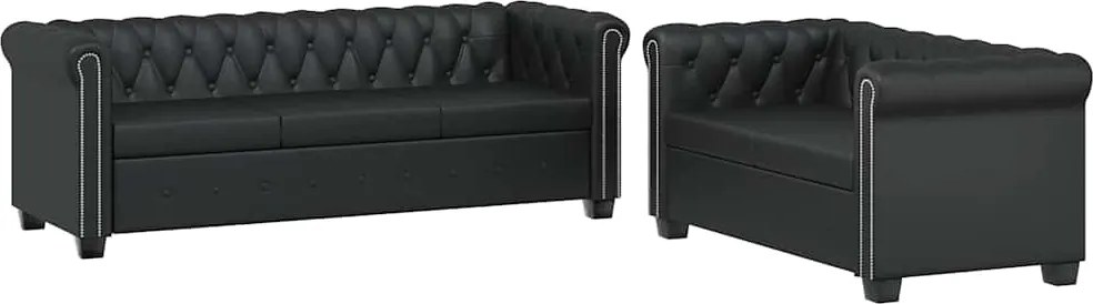 Canapea Chesterfield cu 2 și 3 locuri, piele artificială, negru