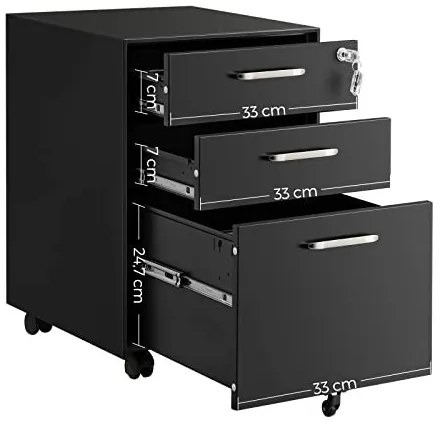 Corp mobil pentru birou / rollbox cu 3 sertare, metal, negru, Songmics