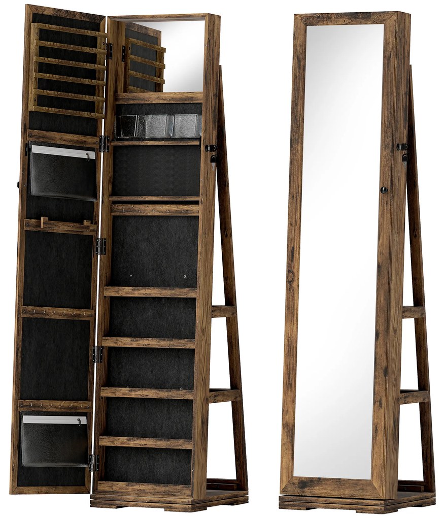 HOMCOM Armoire de Bijuterii pivotantă, blocabilă, cu oglindă - Dulap Bijuterii Multi-Depozitare - Brun Rustic | Aosom Romania