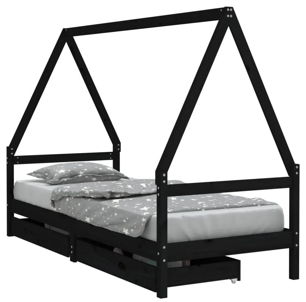 834479 vidaXL Cadru de pat copii cu sertare, negru, 90x190 cm, lemn masiv pin