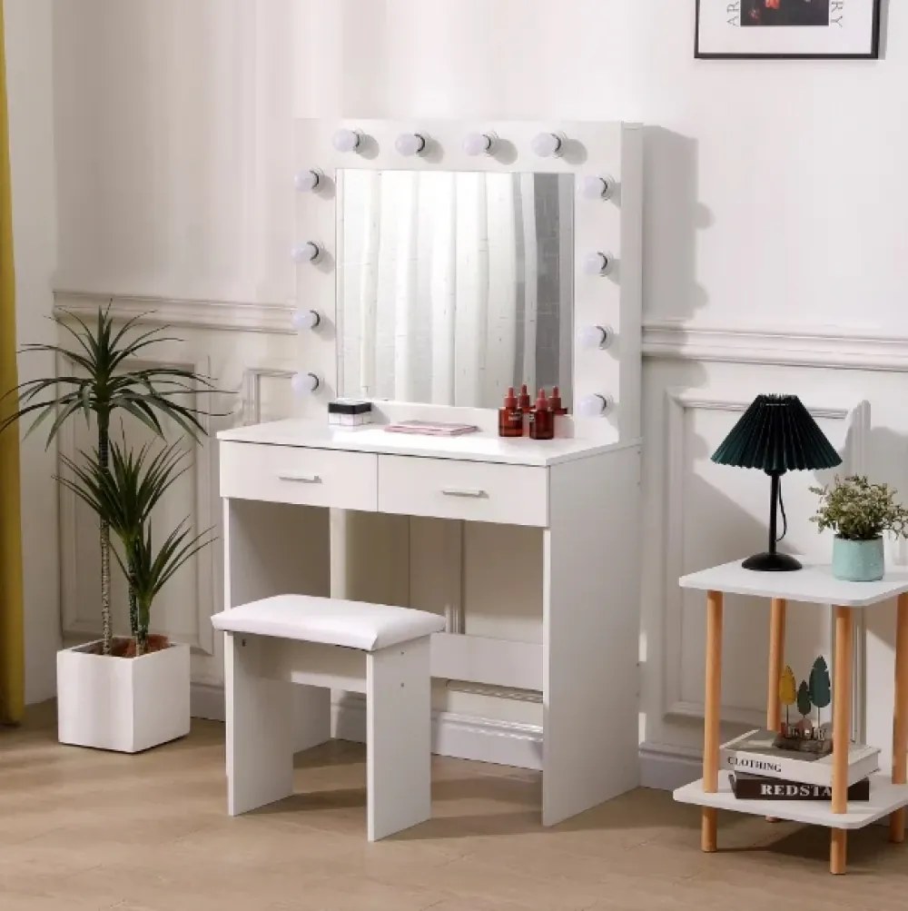 Set LUNA – Masă de Toaletă pentru Machiaj, Oglindă Iluminată, Becuri LED, 2 sertare, Taburet, Alb