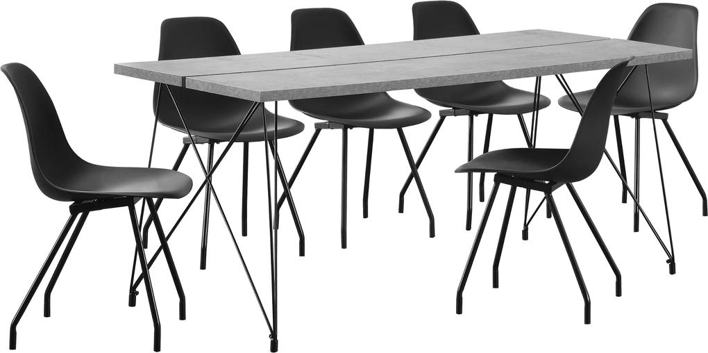 [en.casa] Set masa bucatarie/salon cu 6 scaune Gloria, masa: 178 x 78 x 77 cm, scaun: 83 x 46 x 52 cm, otel/MDF/plastic, efect beton/negru