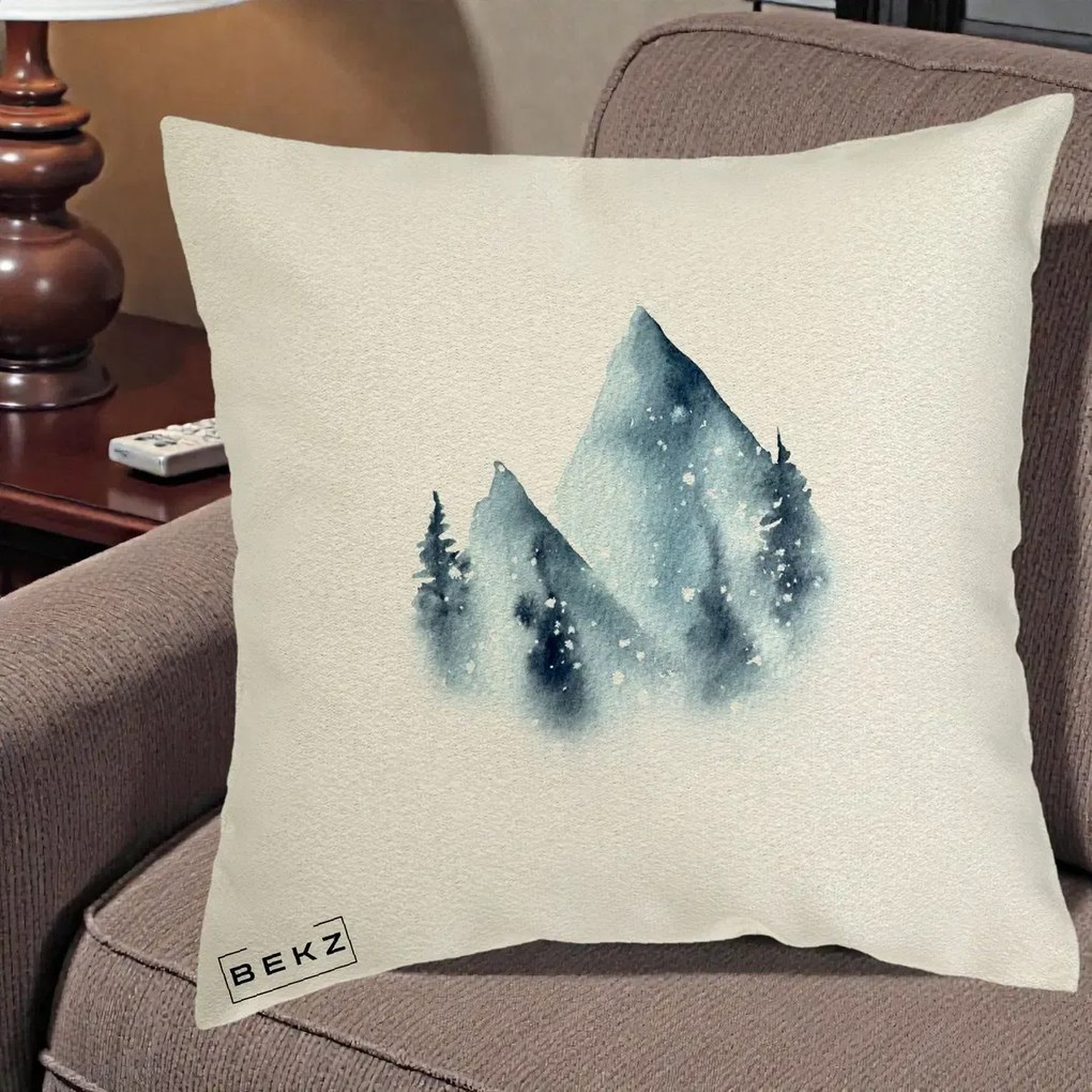 Perna decorativa de Craciun: Munti Inzapeziti Acuarela Indigo, 40x40 cm cu Umplutura, Ecru, BEKZ
