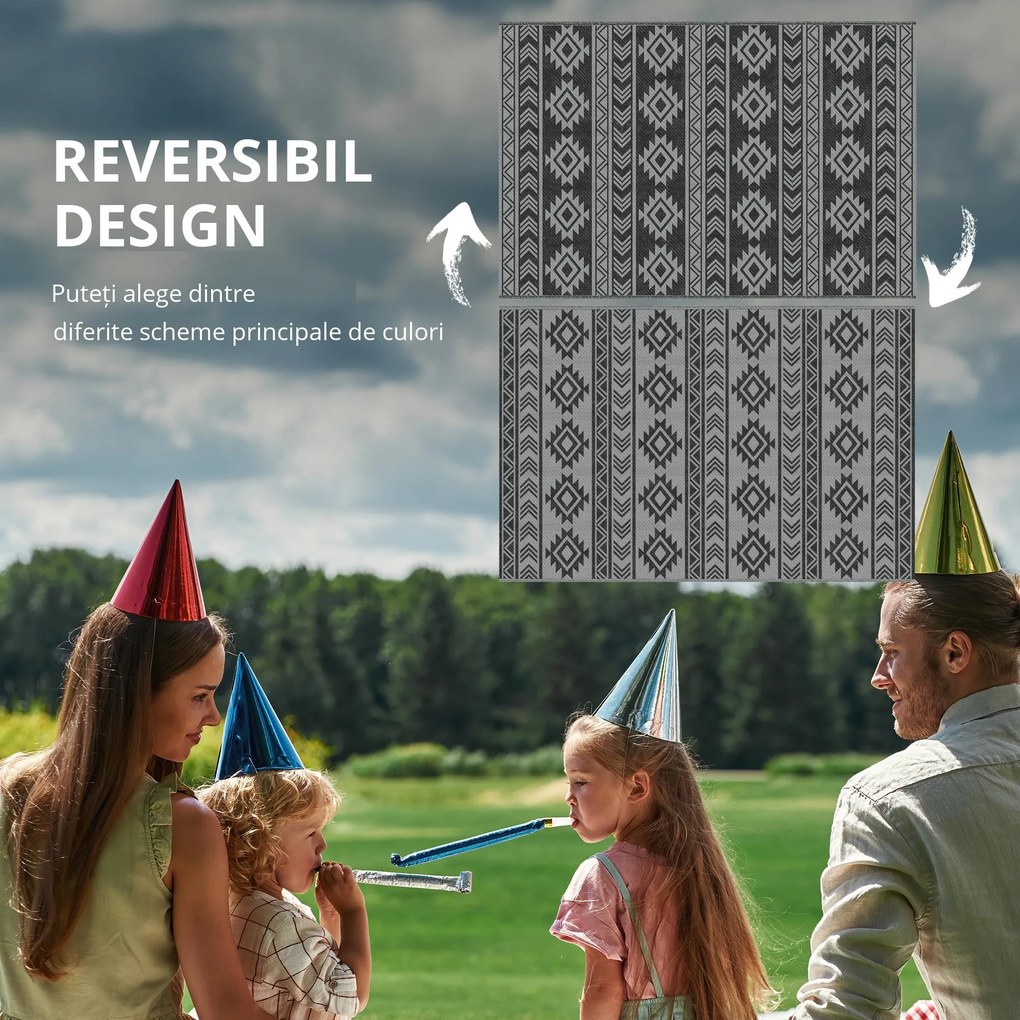 Outsunny Covor Exterior Reversibil, 1,8 x 2,75m, Impermeabil pentru Curte, Veranda, Picnic, Plaja, Camping, Negru si Gri | Aosom Romania