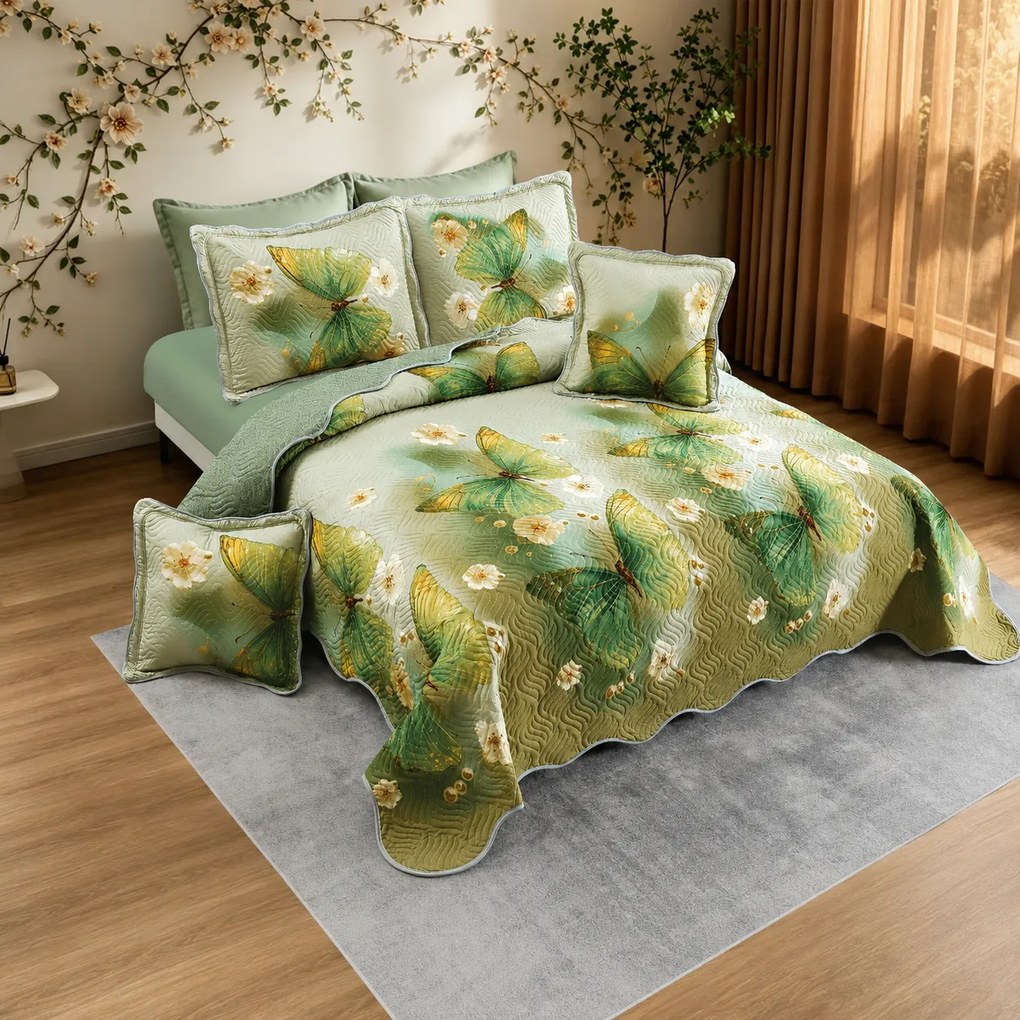Cuvertură bumbac, 5 piese, pat 2 persoane, 230x250 cm, CB542, model fluturi