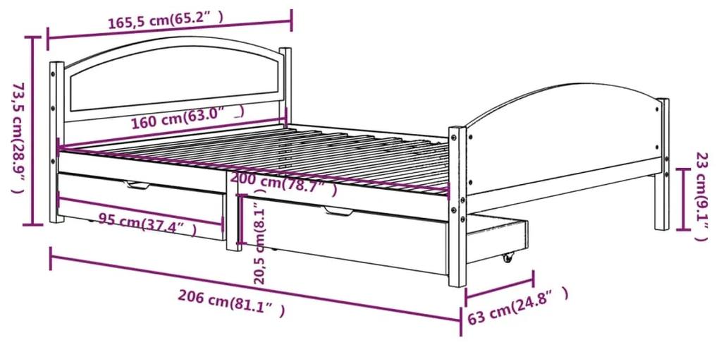 Cadru de pat cu 2 sertare, 160 x 200 cm, lemn masiv pin Maro, 160 x 200 cm, 2 Sertare